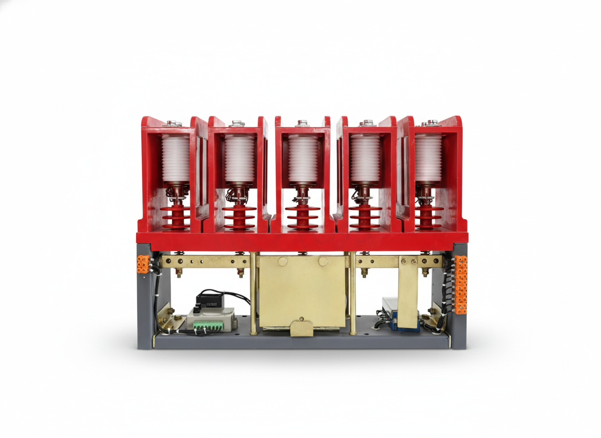 CKG3-12 series 12kV 5-pole high voltage AC vacuum contactor with red insulation frames.