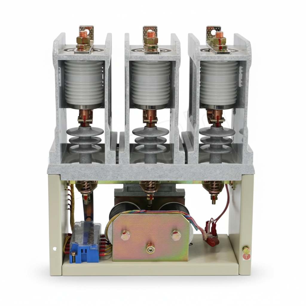 CKG3-7.2kV series 3-pole high voltage AC vacuum contactor with white ceramic insulation poles.