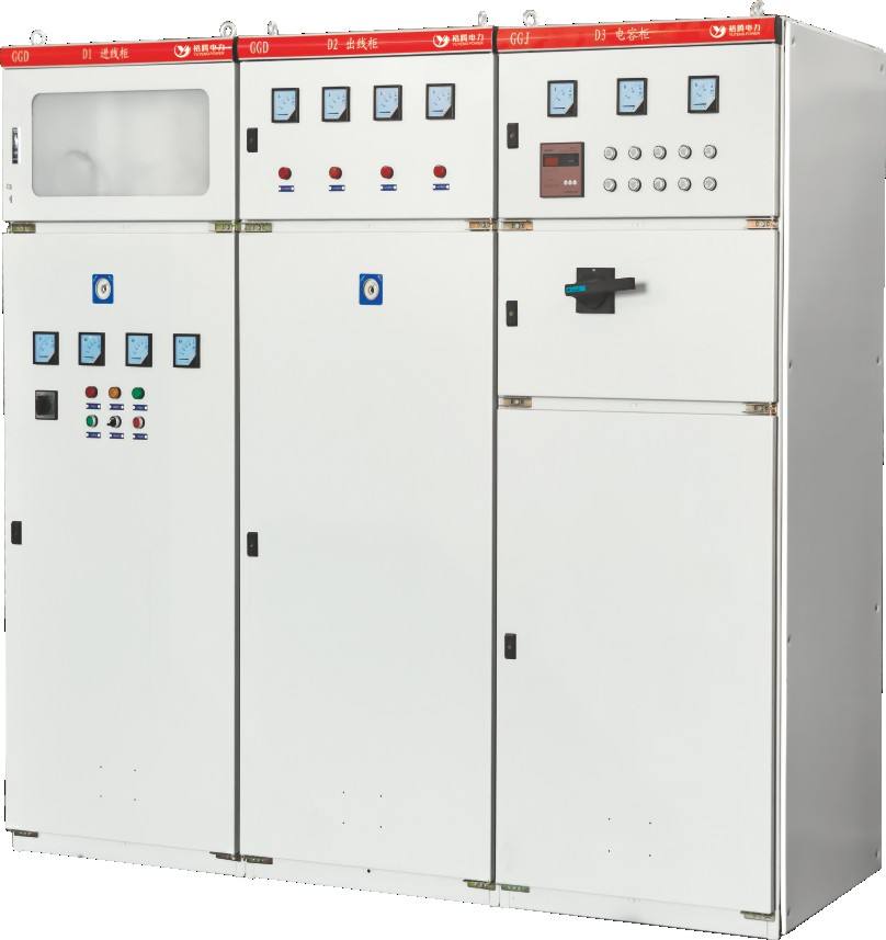 GGD series low voltage fixed-type distribution switchgear with incoming, feeder, and capacitor cabinets.