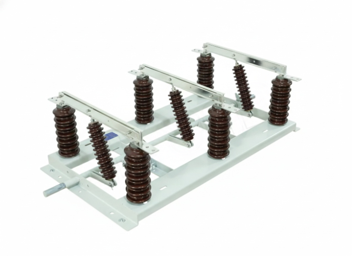 GW1 outdoor AC high voltage three-phase isolation switch with brown ceramic insulating posts.