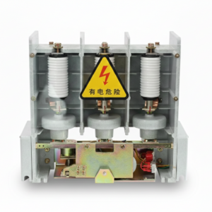 JCZ5 series 12kV indoor high voltage AC vacuum contactor with three-pole insulation and safety warning sign.