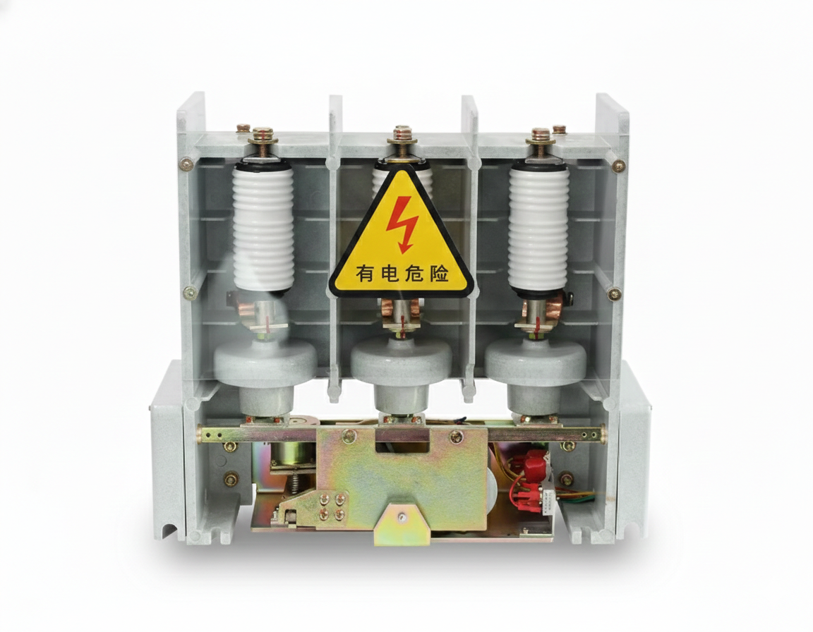 JCZ5 series 12kV indoor high voltage AC vacuum contactor with three-pole insulation and safety warning sign.