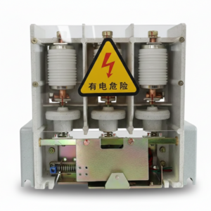 JCZ5-7.2kV series three-pole indoor medium voltage AC vacuum contactor with integrated insulation frame and safety warning label.