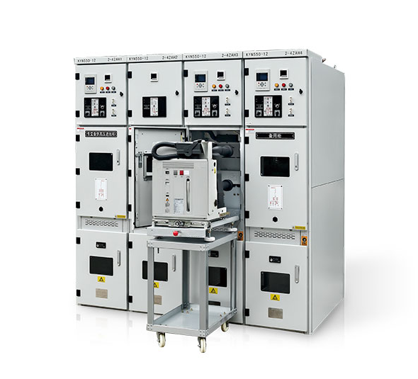 KYN550-12 indoor 12kV metal-clad switchgear with a vacuum circuit breaker handcart on a transport trolley.