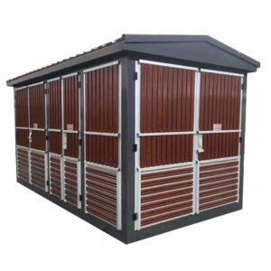 YB series landscape-style 12kV prefabricated substation with brown wooden-slat exterior and grey frame.