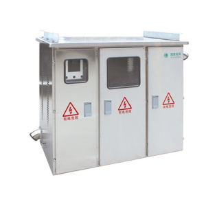 JP series 380V stainless steel outdoor power distribution box with 3-door design and safety warnings.